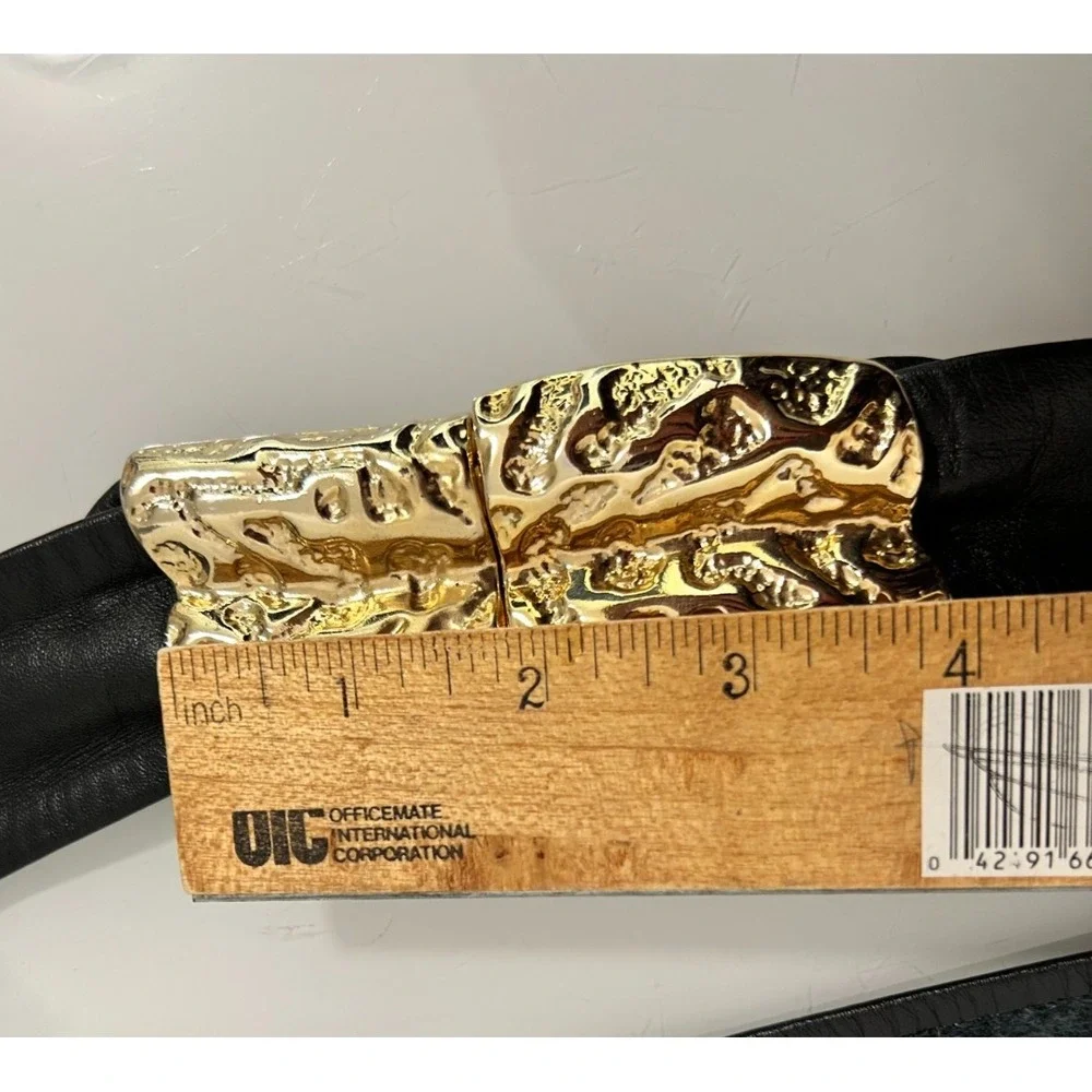 Vintage 90s REVCOR Modernist Textured Gold Clasp Black Leather Waist Belt Large